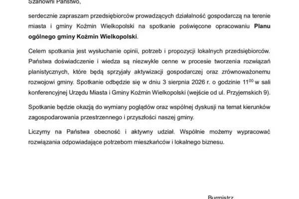 Burmistrz zaprasza przedsiębiorców na spotkanie w sprawie Planu ogólnego gminy Koźmin Wielkopolski