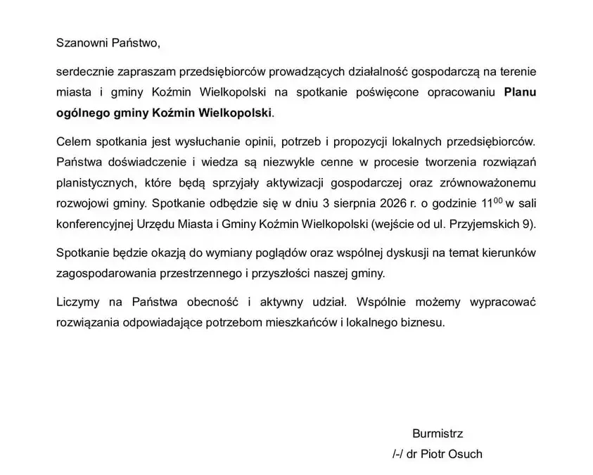 Burmistrz zaprasza przedsiębiorców na spotkanie w sprawie Planu ogólnego gminy Koźmin Wielkopolski