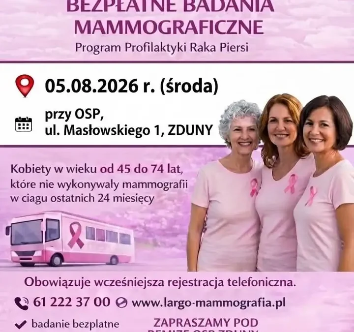 Bezpłatne badania mammograficzne w Zdunach – 5 sierpnia 2026