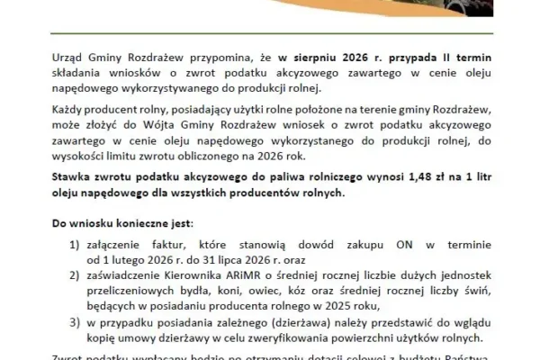 Rolnicy z gminy Rozdrażew mogą składać wnioski o zwrot akcyzy za olej napędowy