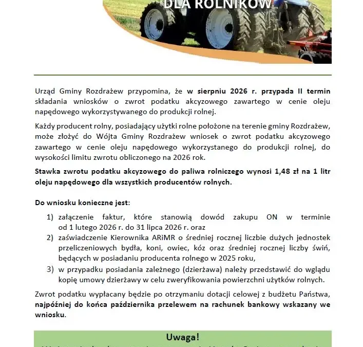Rolnicy z gminy Rozdrażew mogą składać wnioski o zwrot akcyzy za olej napędowy