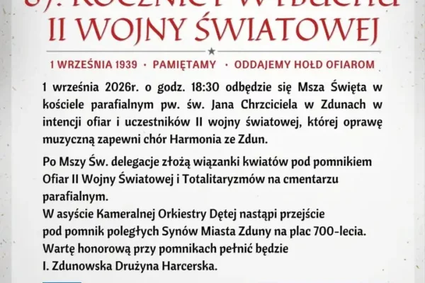 Uroczystości 87. rocznicy wybuchu II wojny światowej w Zdunach – program obchodów