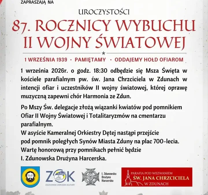 Uroczystości 87. rocznicy wybuchu II wojny światowej w Zdunach – program obchodów