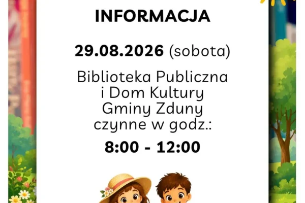 Biblioteka w Zdunach zmienia godziny otwarcia w sobotę 29 sierpnia