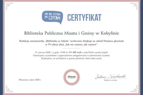 Biblioteka w Kobylinie z certyfikatem za udział w akcji czytelniczej