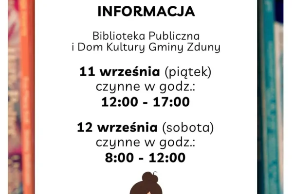 Biblioteka w Zdunach zmienia godziny otwarcia w najbliższy piątek i sobotę