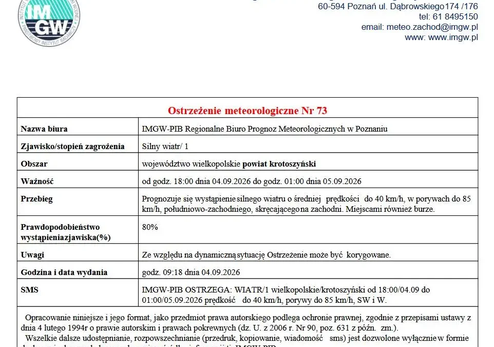 Ostrzeżenie IMGW: Silny wiatr w powiecie krotoszyńskim