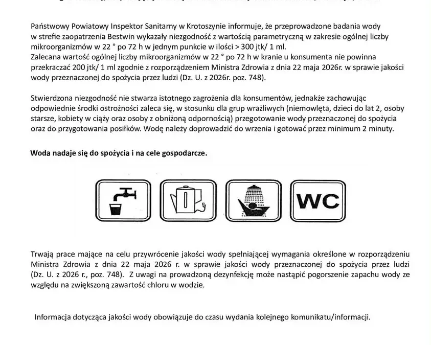 Woda w Baszkowie, Trzaskach i Dziewiątem wymaga dezynfekcji – zalecenia dla mieszkańców