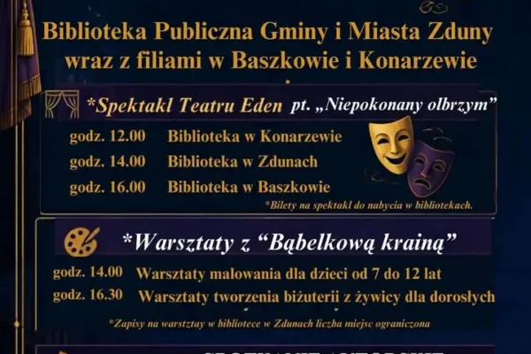 Noc Bibliotek w Zdunach: spektakl, warsztaty i spotkanie z Borysem Tynką