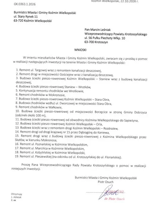 Koźmin Wielkopolski: burmistrz walczy o inwestycje i rehabilitację