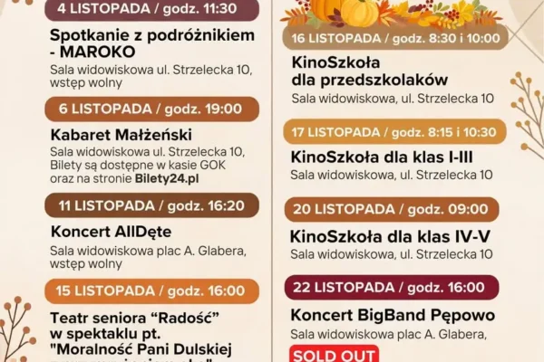 Listopad w GOK Kobylin: podróże, kabaret, koncerty i kino dla szkół