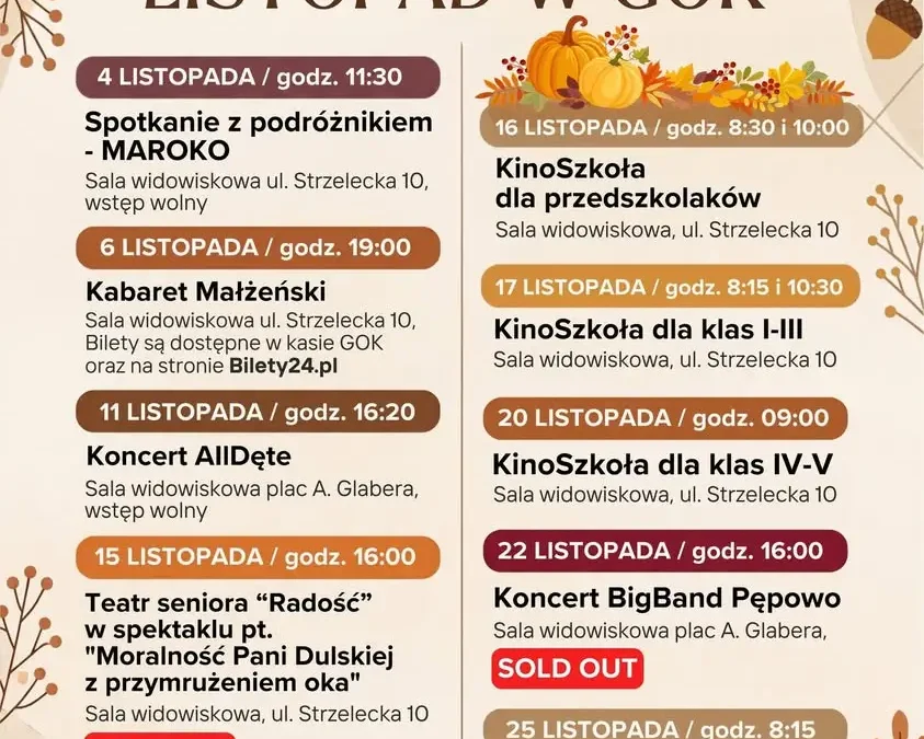 Listopad w GOK Kobylin: podróże, kabaret, koncerty i kino dla szkół