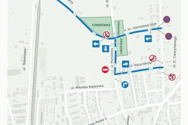 Zmiany w ruchu przy cmentarzach w Koźminie Wielkopolskim na Wszystkich Świętych
