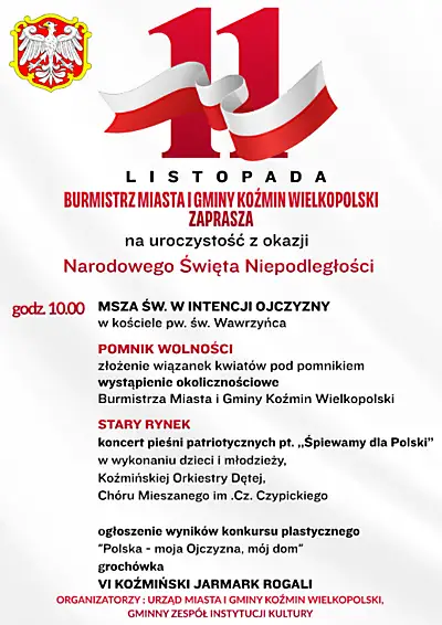 11 listopada w Koźminie Wielkopolskim – msza, jarmark rogali i koncert pieśni patriotycznych